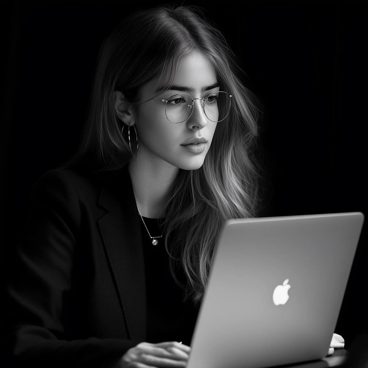 A woman wearing glasses , focused  looking at a laptop.