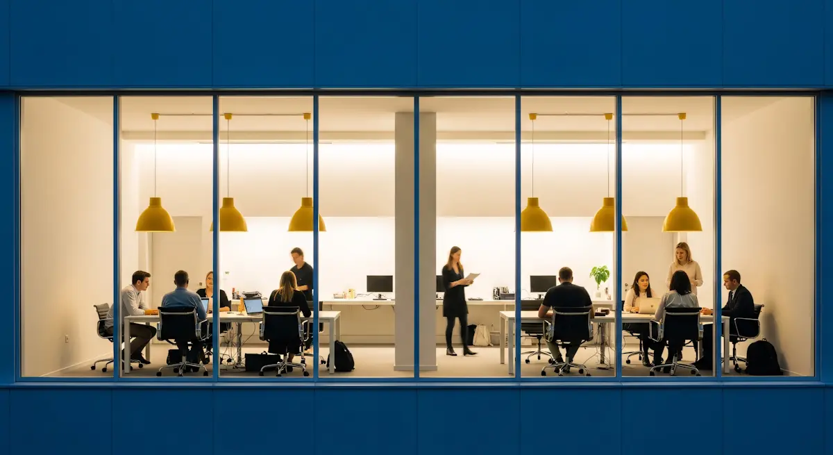 A group of people sitting at a table in an office.
